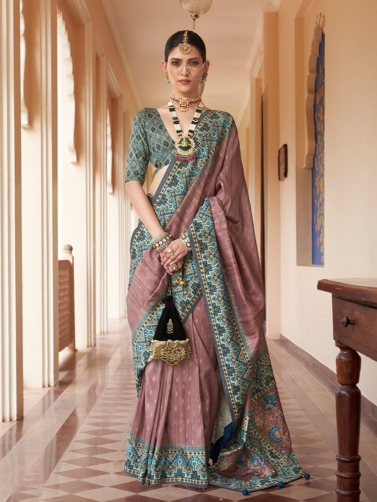Rose Gold foil silk blend saree with light blue blouse piece