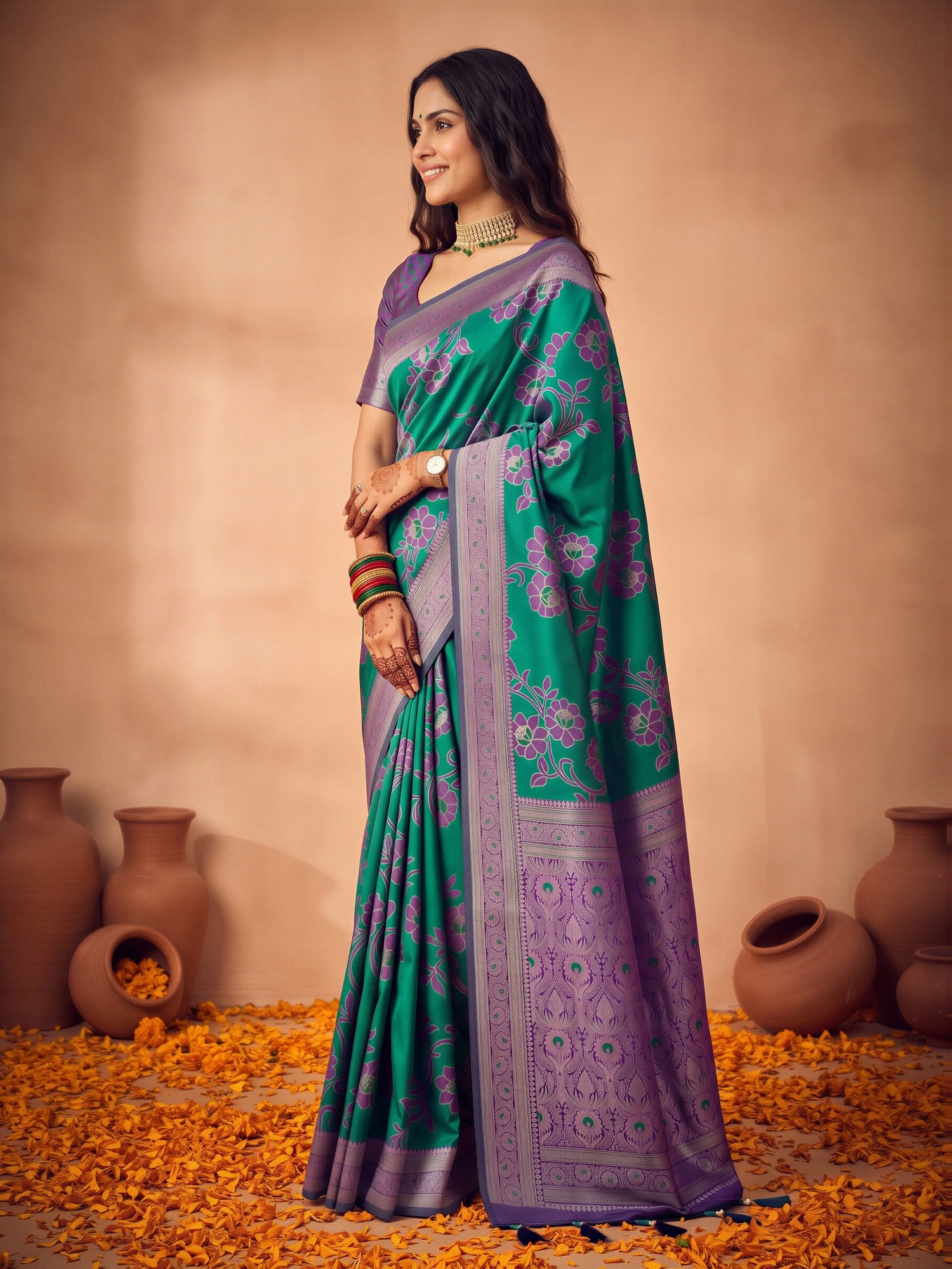 Teal Green Satin Silk saree – detail view 2