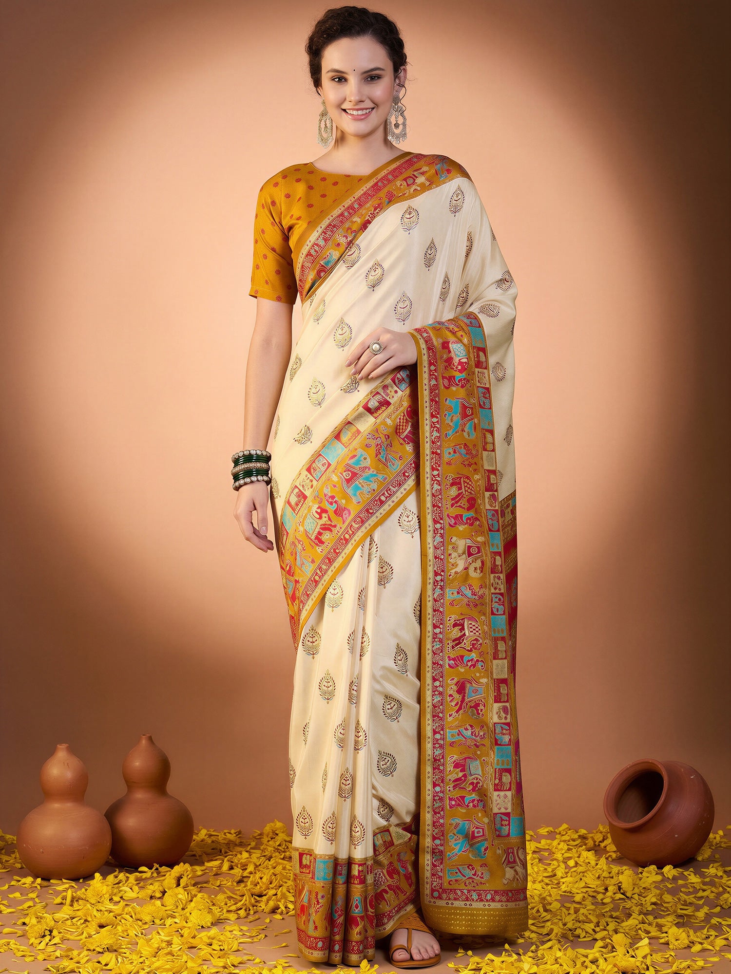 Woman wearing mustard silk blend saree with metallic foil print work and mustard blouse