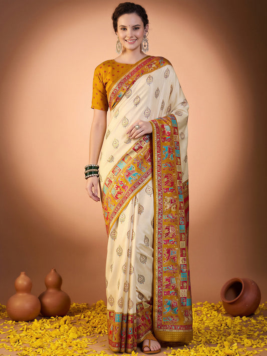 Woman wearing mustard silk blend saree with metallic foil print work and mustard blouse