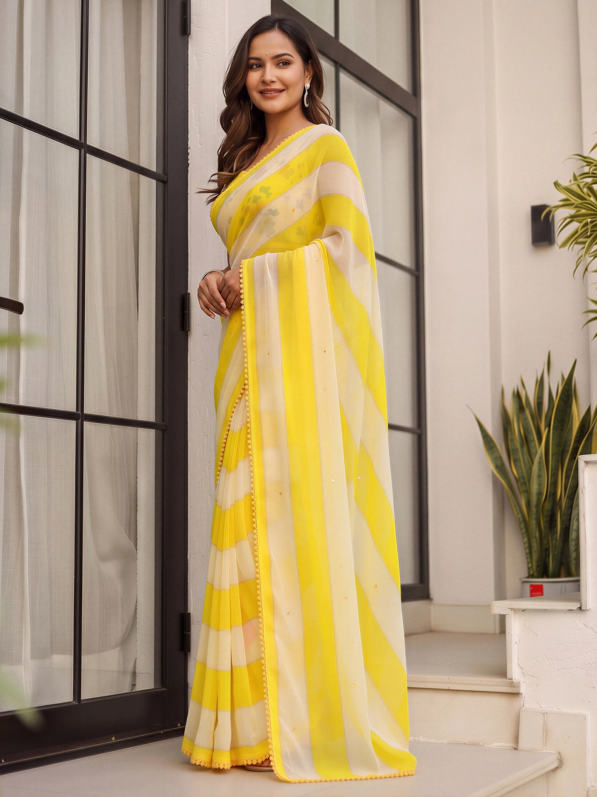 Yellow georgette saree view 2