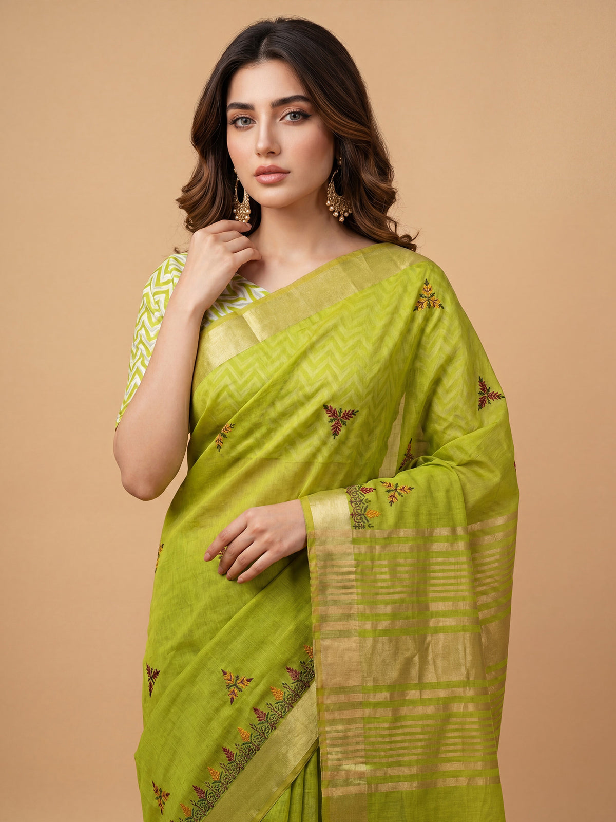 Lime Green Cotton Linen saree – detail view 4