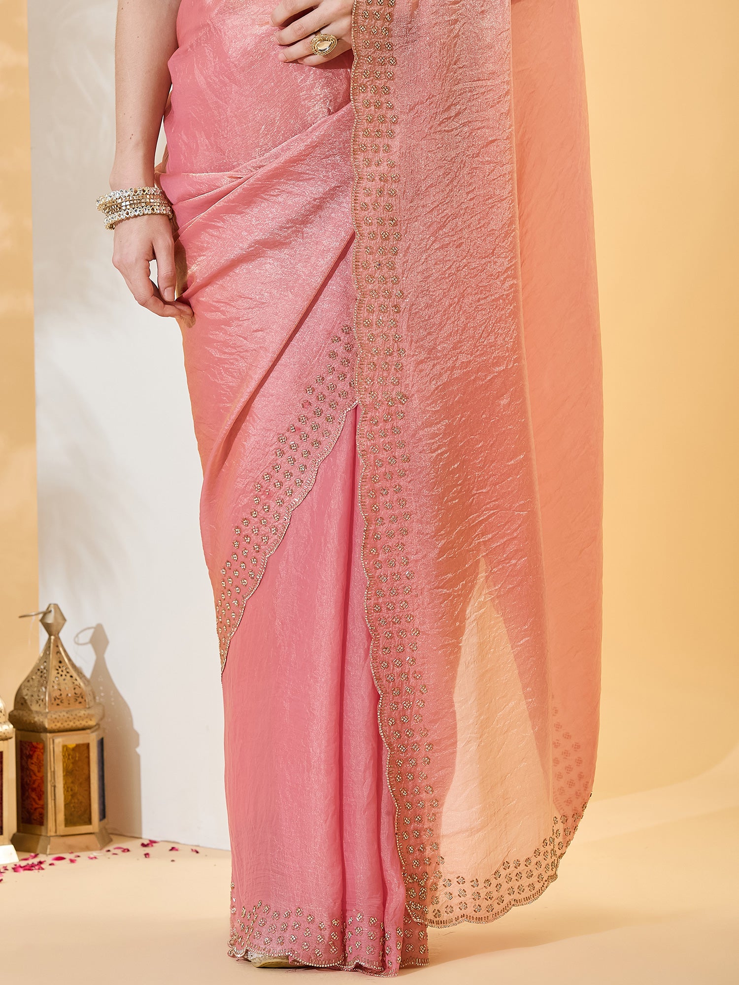 Peach Satin saree – detail view 5