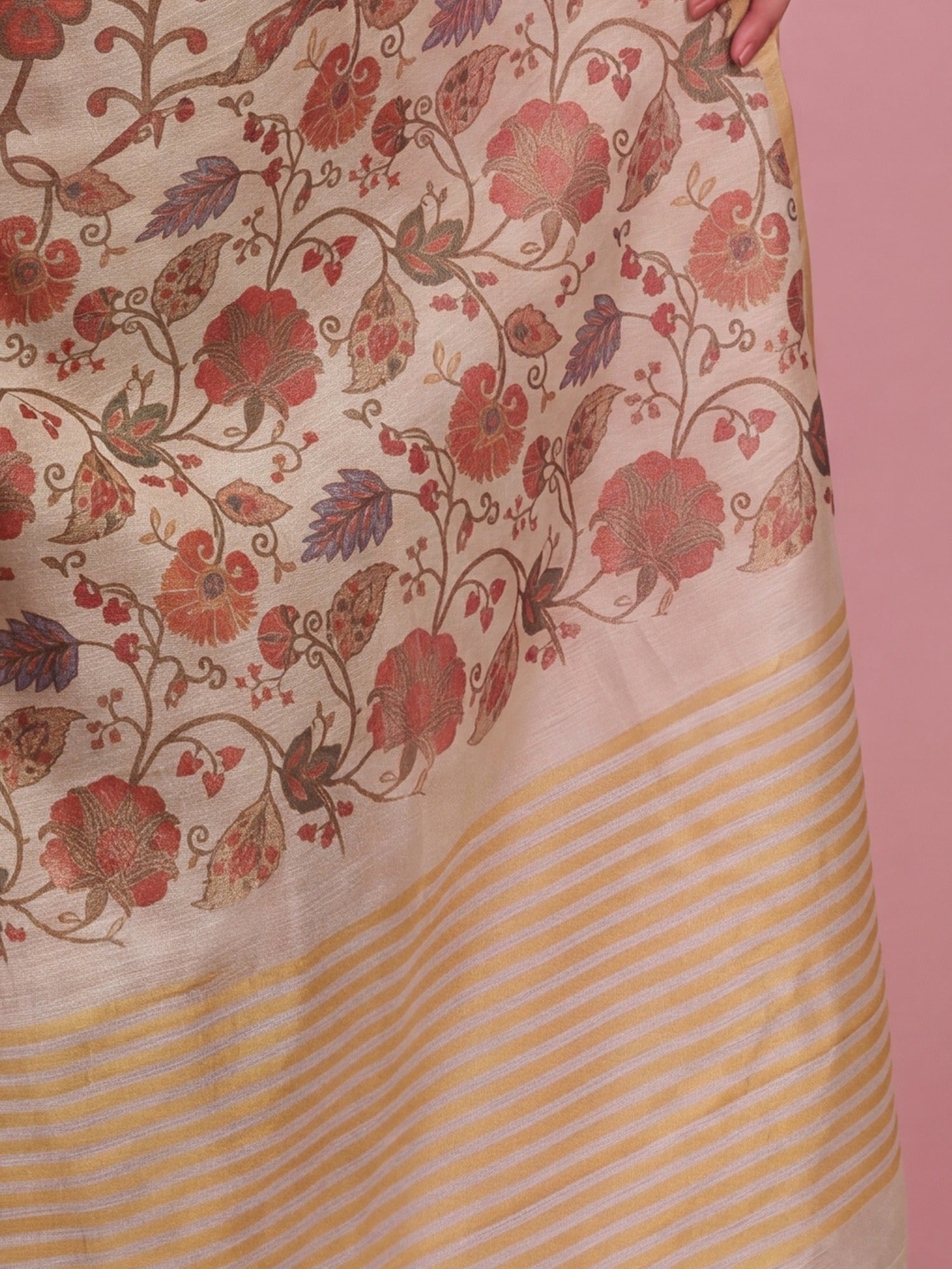 Pallu detail of beige tissue saree showing botanical floral and leaf design and zari border