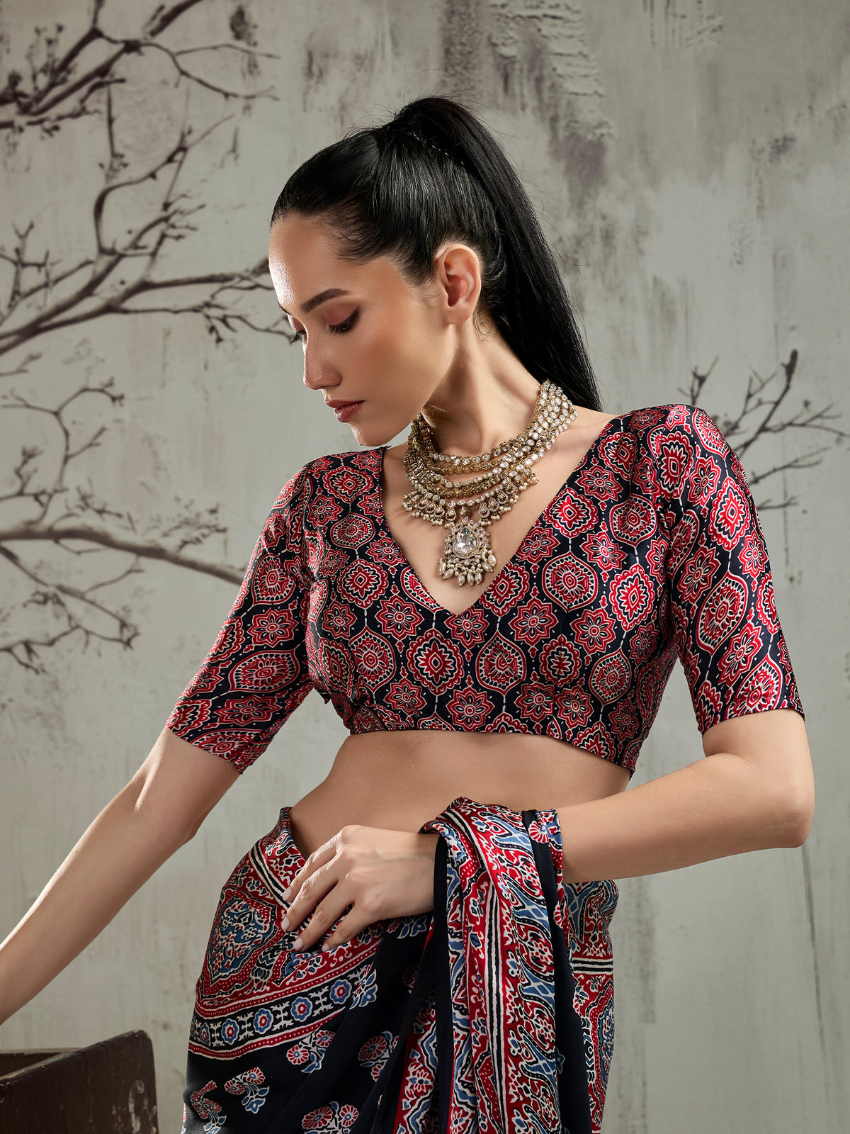 Unstitched maroon satin blouse piece with ajrak design
