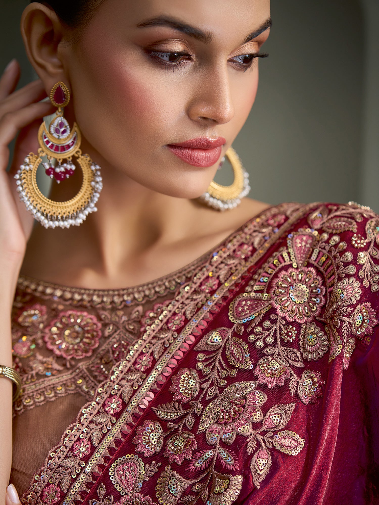 Wine Satin Silk saree – detail view 2