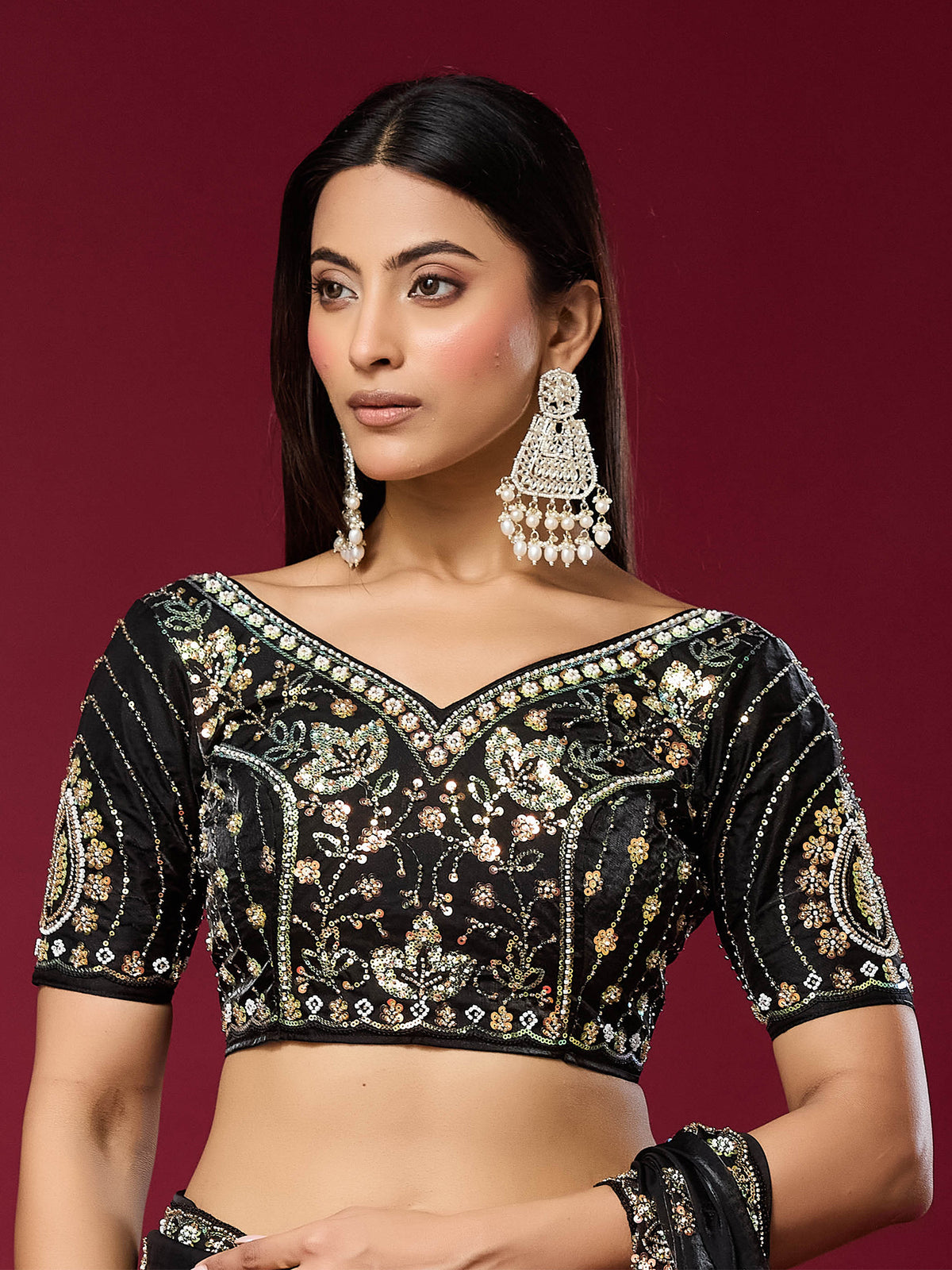 Unstitched black satin silk blouse piece with embellished design