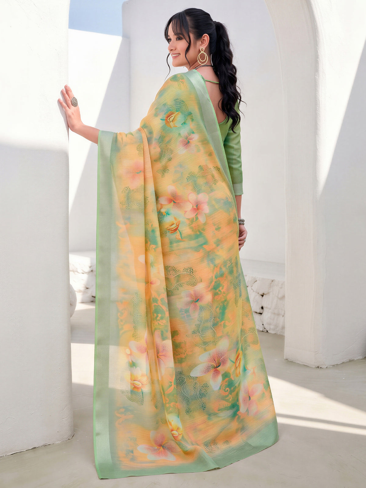 Yellow Cotton Linen saree – detail view 1