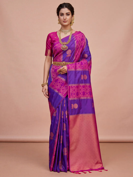 Woman wearing purple pure silk saree with ornamented surface design and magenta blouse