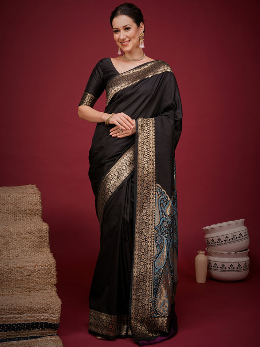 Woman wearing black soft silk saree with woven motif design and black blouse