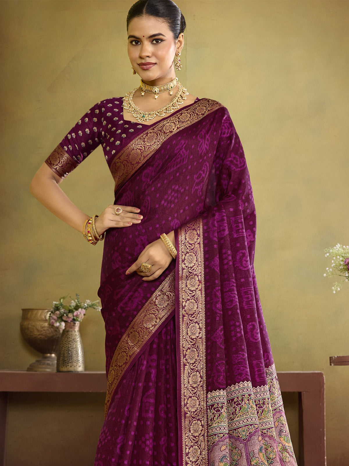 Wine tussar silk saree view 5