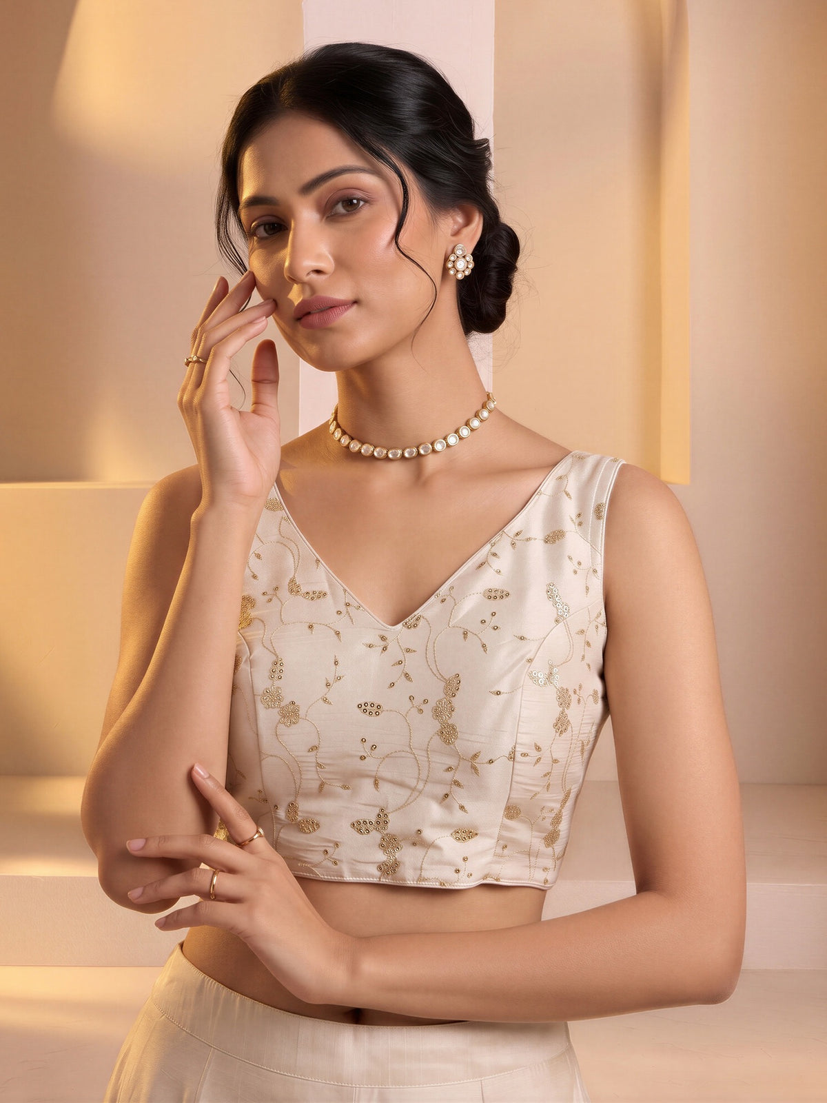 Off White sequin embroidered vichitra silk sleeveless readymade saree blouse with v neck view 3