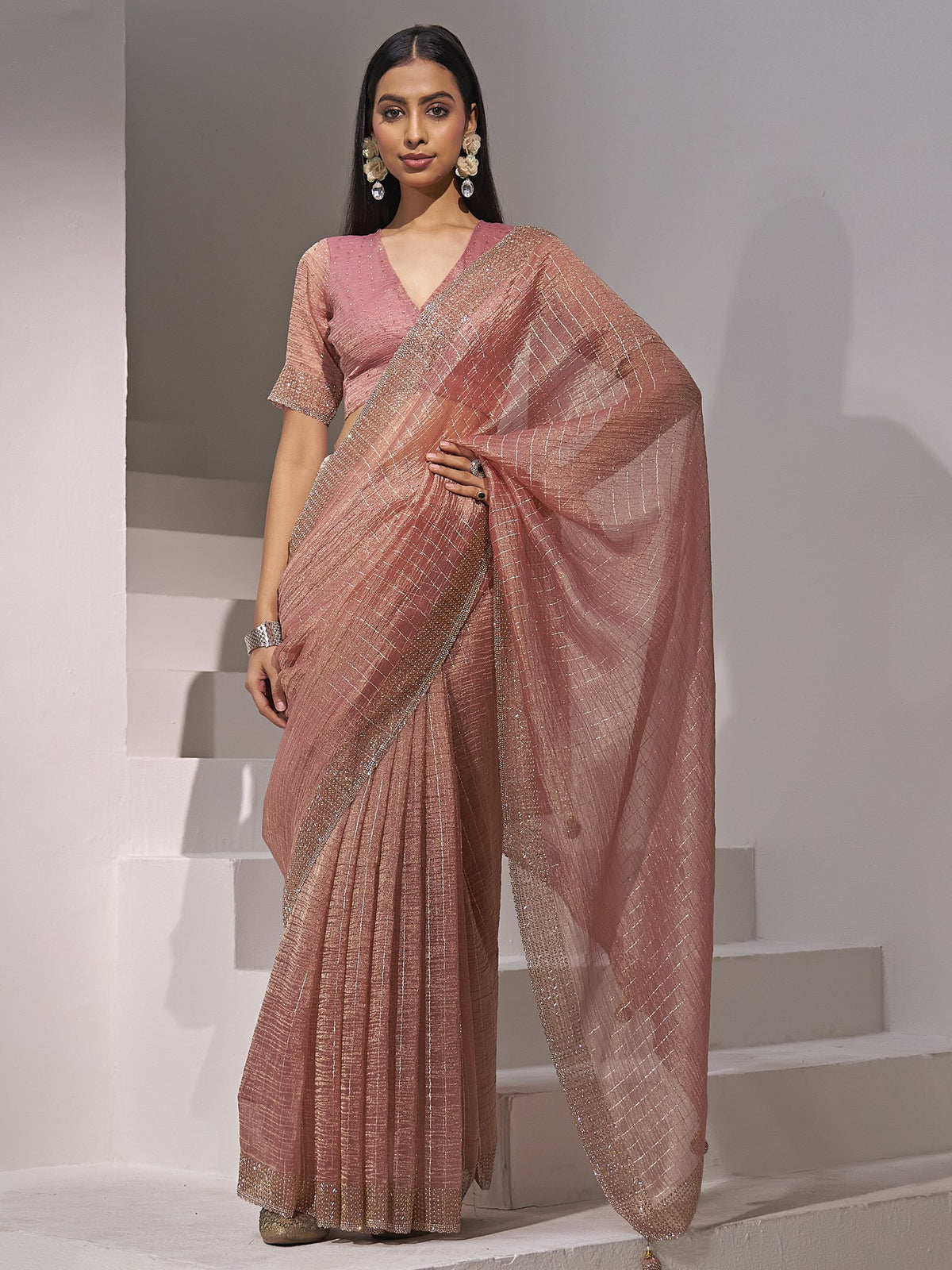 Peach organza saree view 3