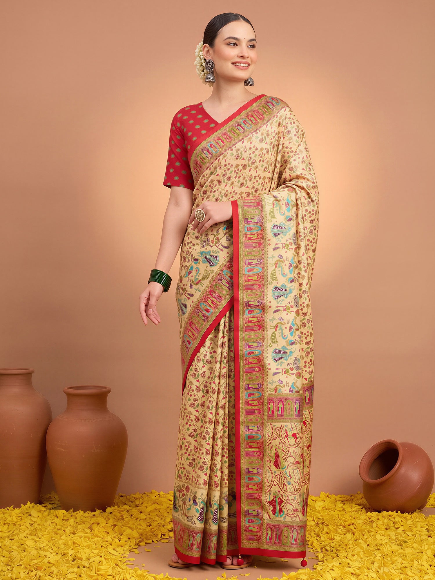 Woman wearing cream silk blend saree with metallic foil print work and red blouse