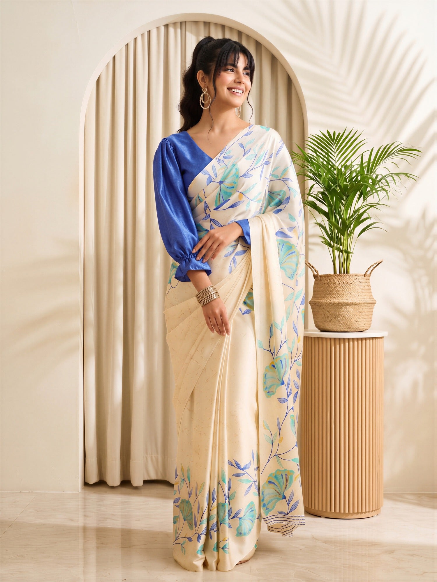 Beige Satin saree – detail view 3