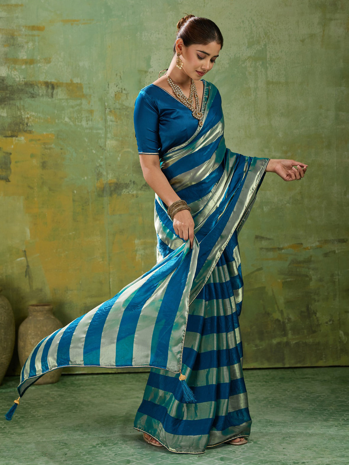 Teal Blue Satin Silk saree – detail view 2