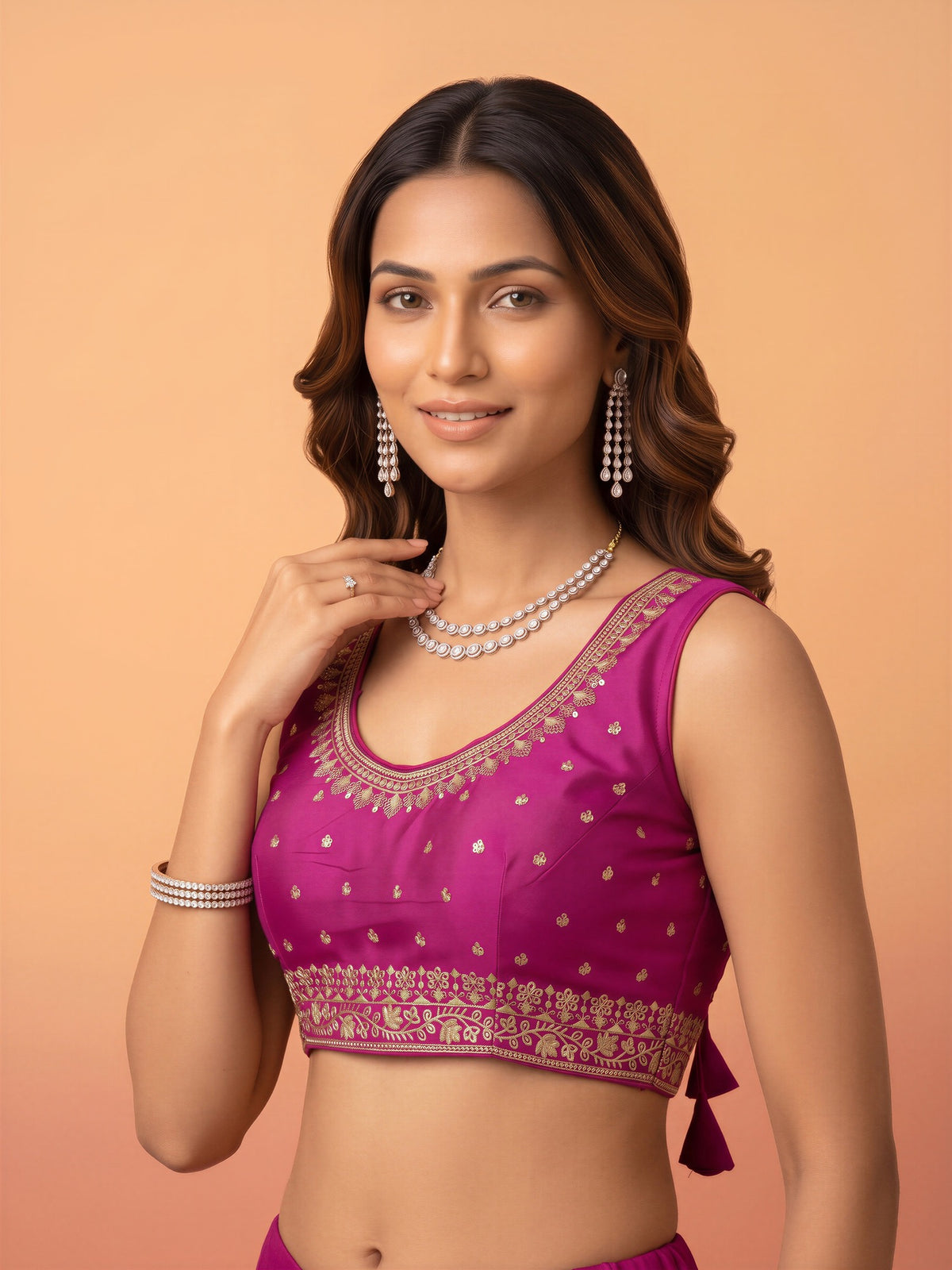 Magenta sequin embellished silk blend sleeveless readymade saree blouse with round neck view 3