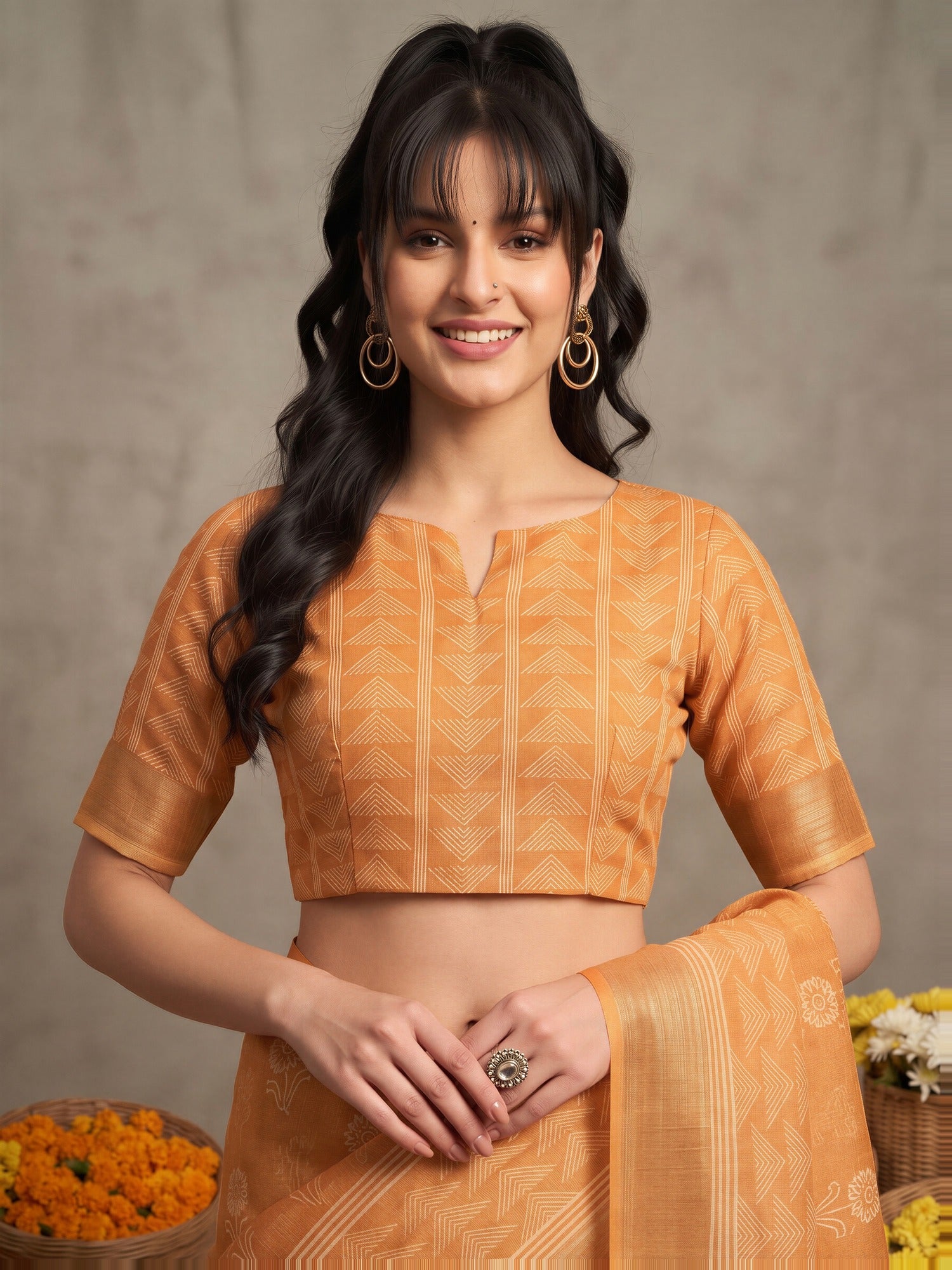 Unstitched orange linen blouse piece with bagh design