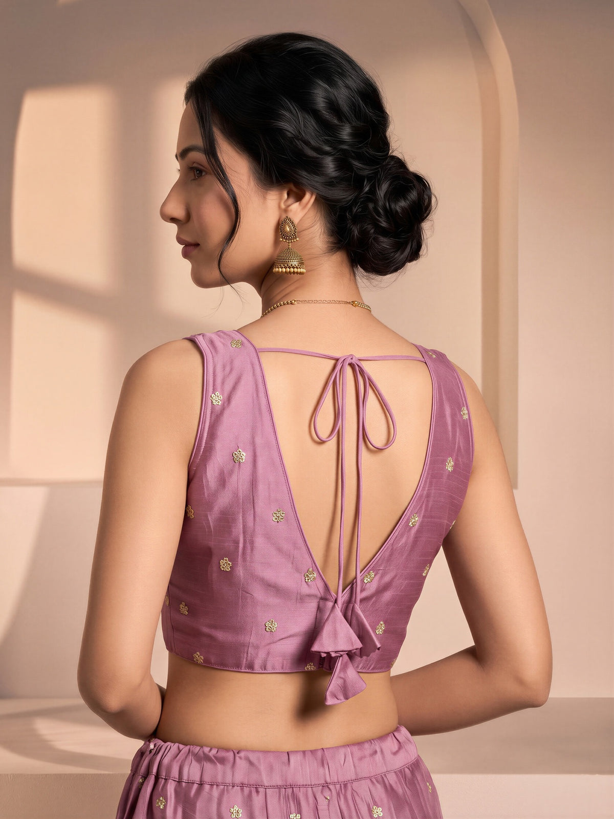 Lavender sequin embellished vichitra silk sleeveless readymade saree blouse with v neck view 1
