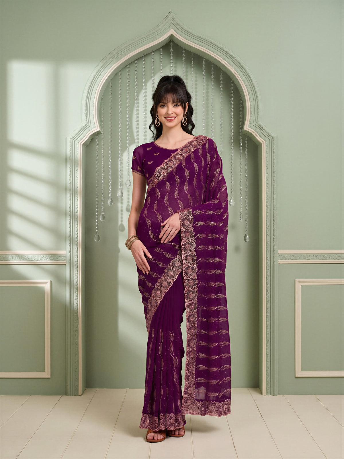 Woman wearing purple pure georgette saree with geometric pattern design and purple blouse