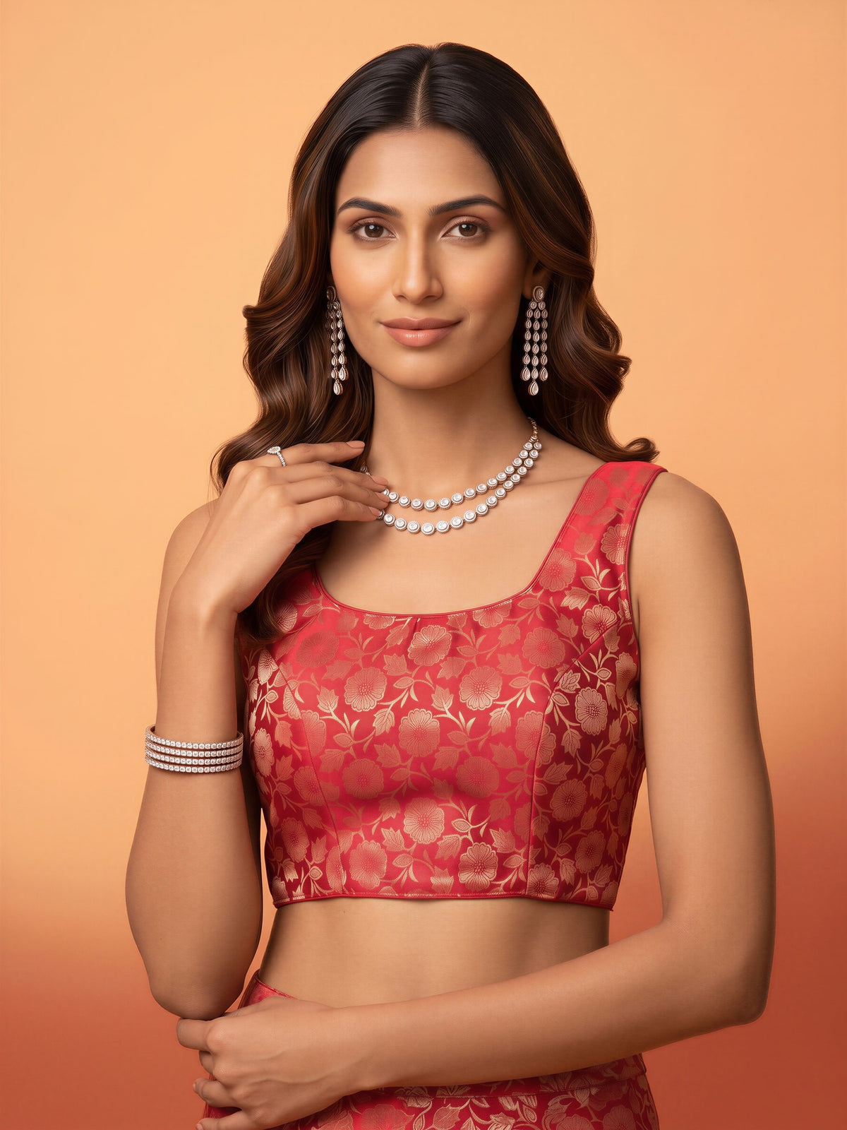 Red woven brocade silk blend sleeveless readymade saree blouse with round neck view 3