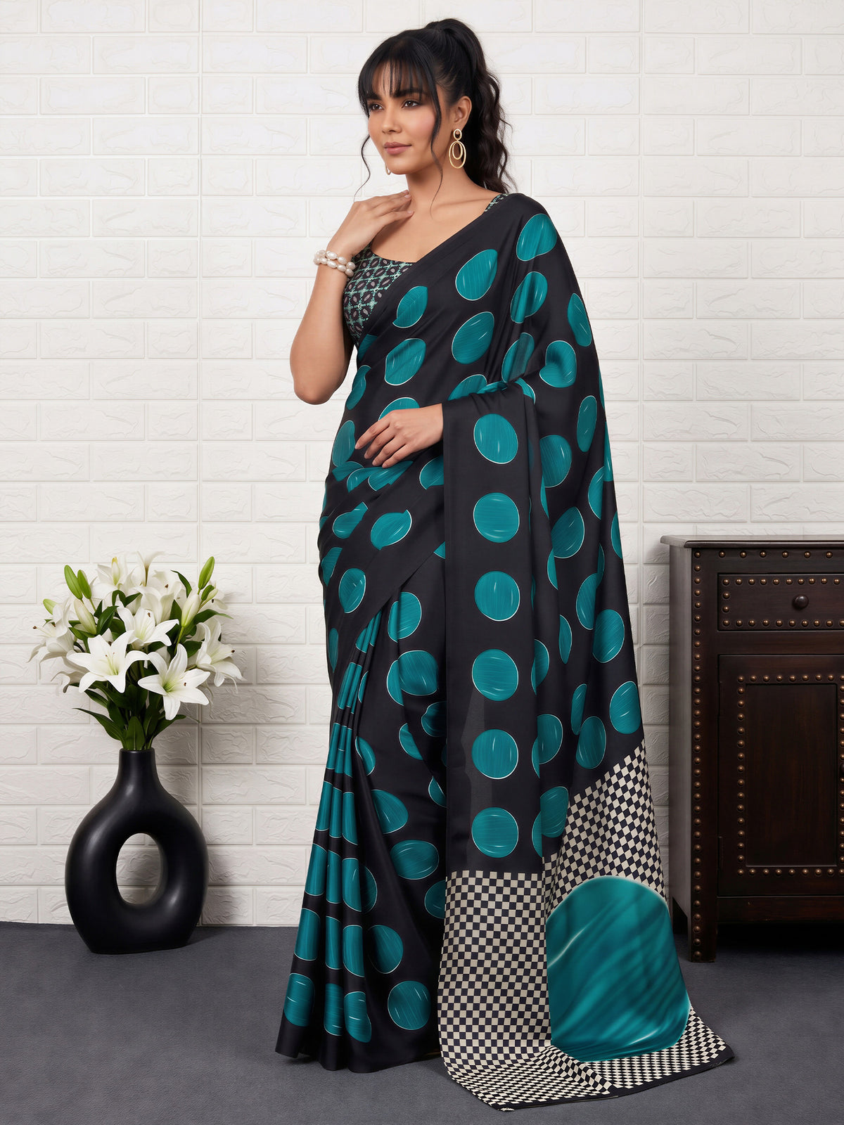 Teal Blue Satin saree – detail view 2