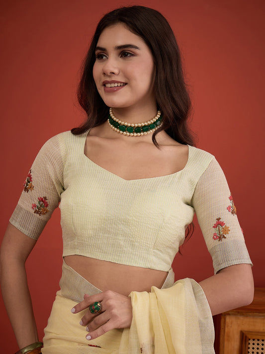 Yellow linen blend saree view 1