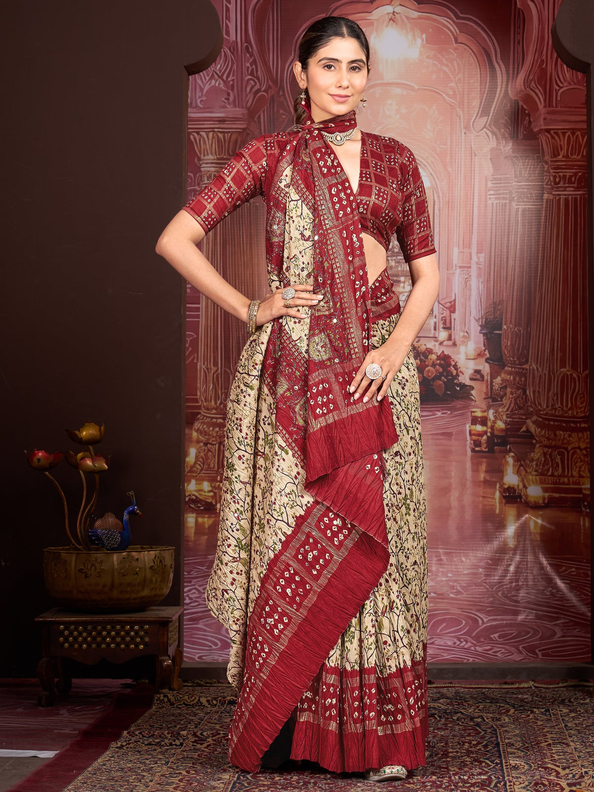 Cream tussar silk saree view 3