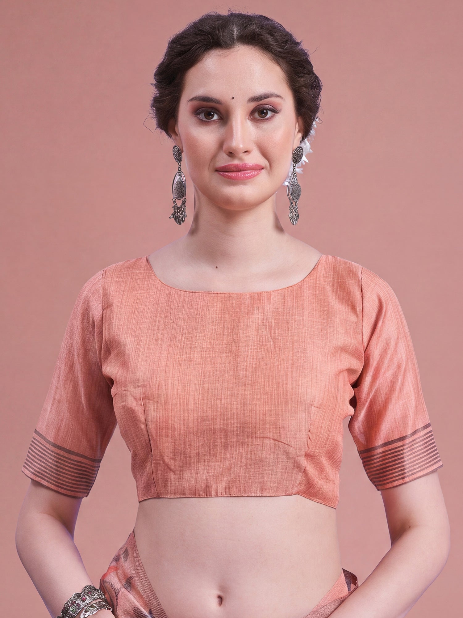 Unstitched peach linen blouse piece with solid design
