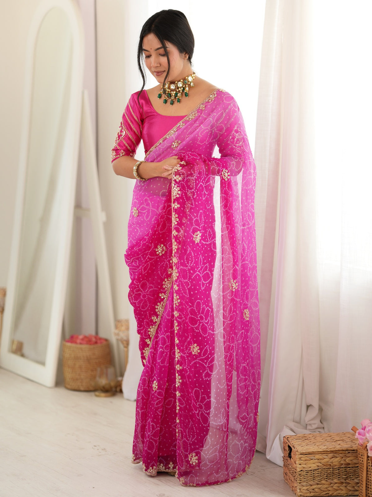 Pink bandhani georgette saree with pink blouse piece