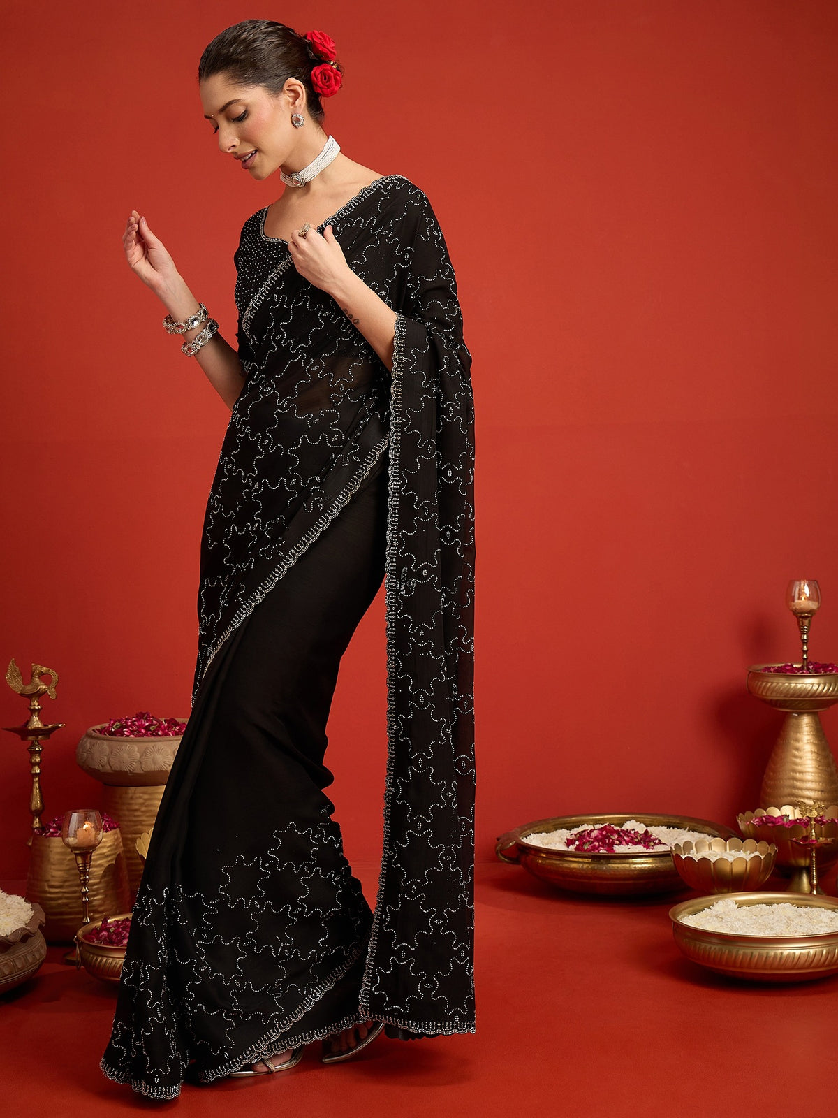 Black Chiffon saree – detail view 1