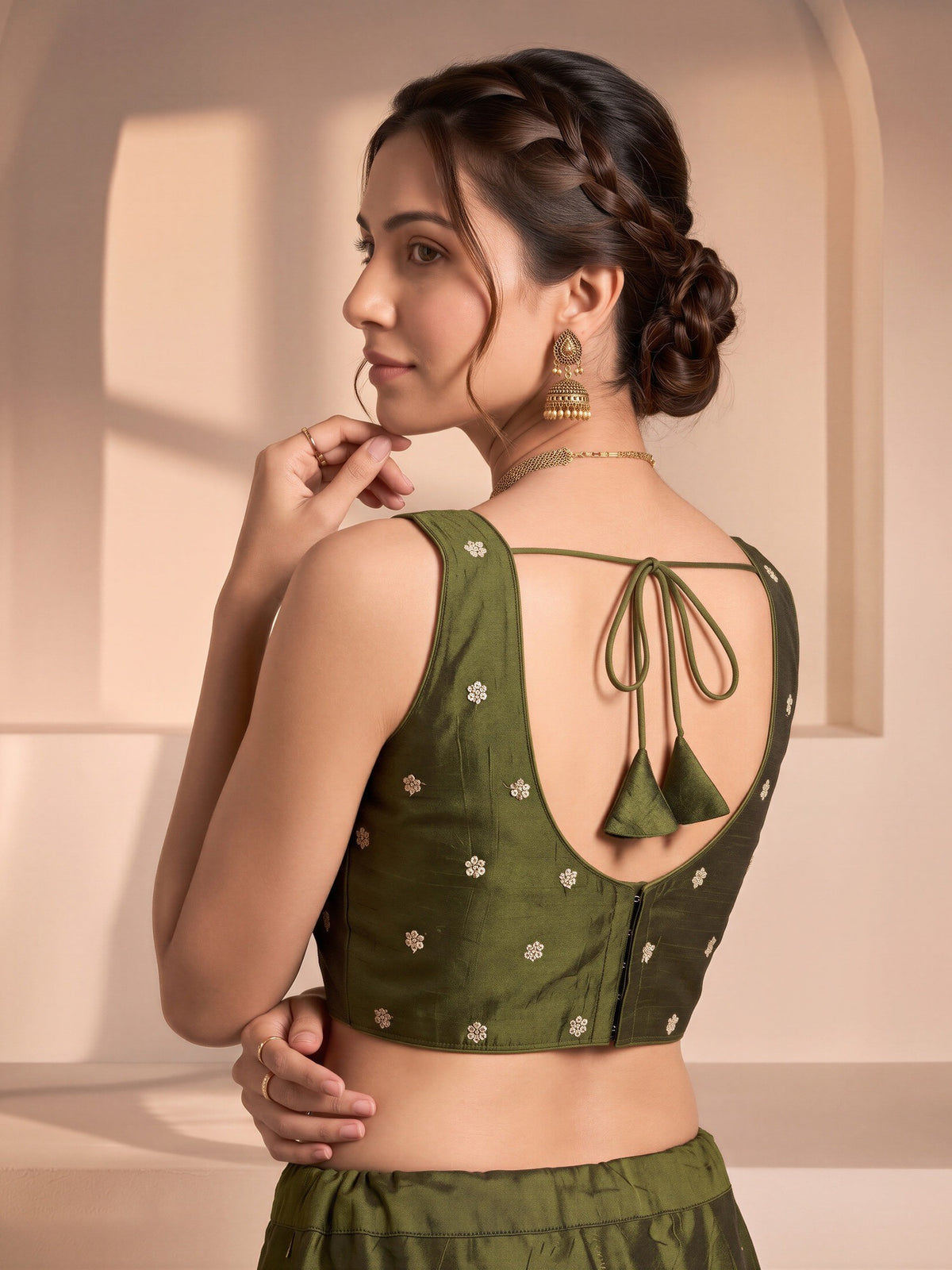 Olive sequin embellished vichitra silk sleeveless readymade saree blouse with v neck view 1