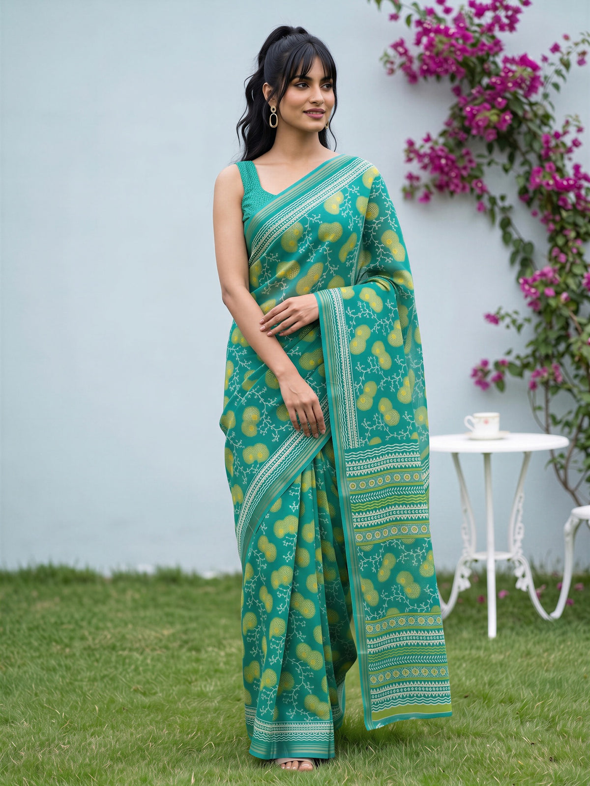 Teal Green Crepe saree – detail view 3