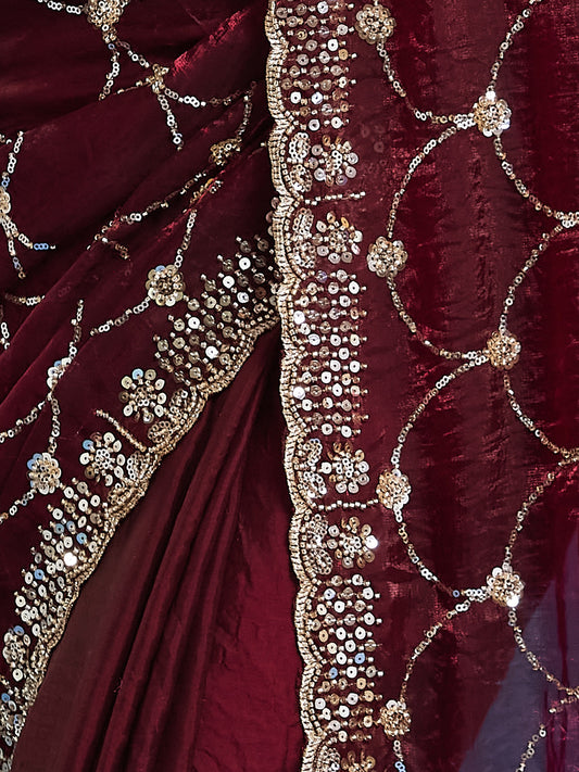 Maroon Satin saree – detail view 1