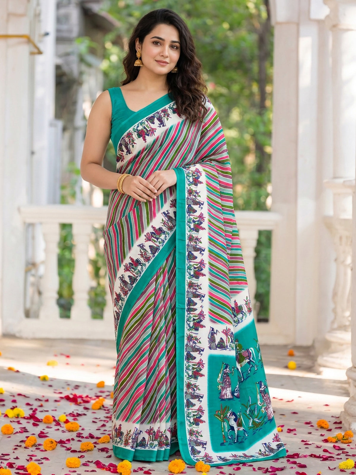 Teal Green striped crepe saree with teal green blouse piece