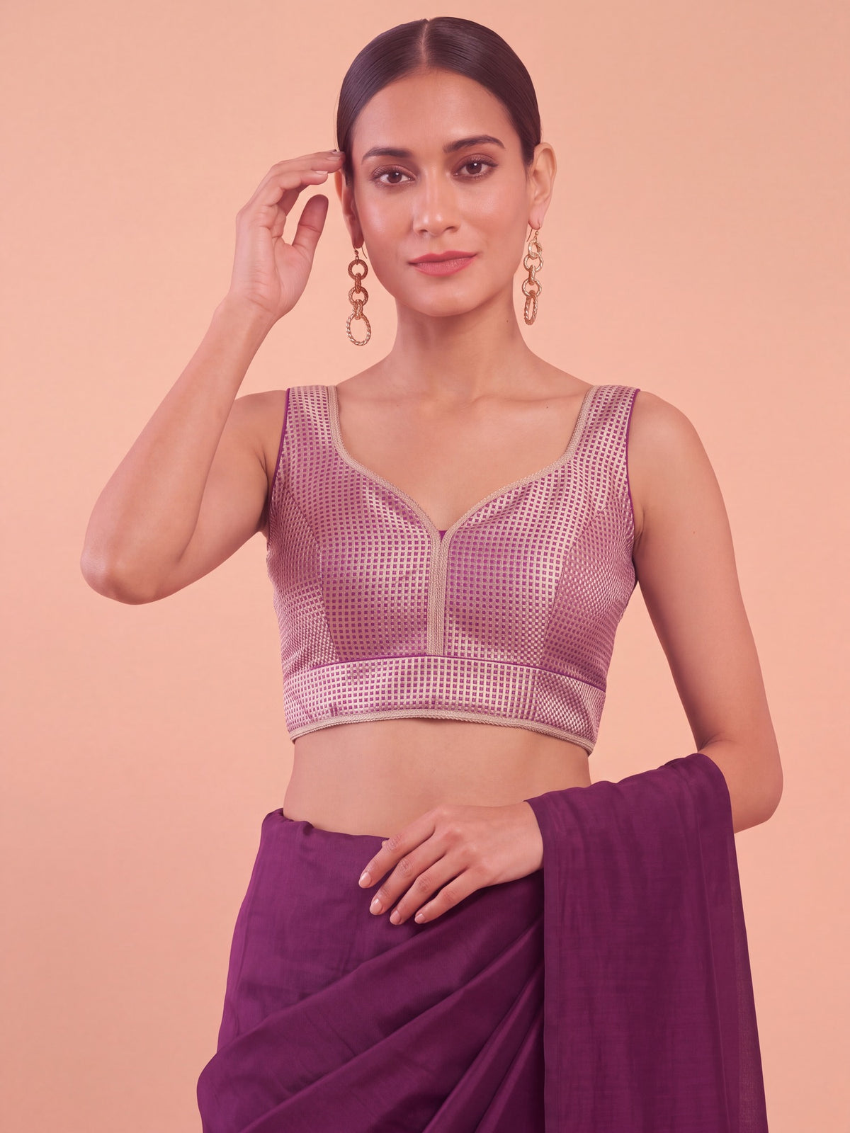 Maroon woven metallic jacquard sleeveless readymade saree blouse with sweetheart neck view 4