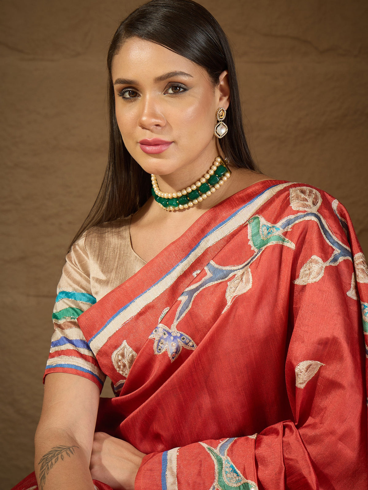 Rust art silk saree view 5
