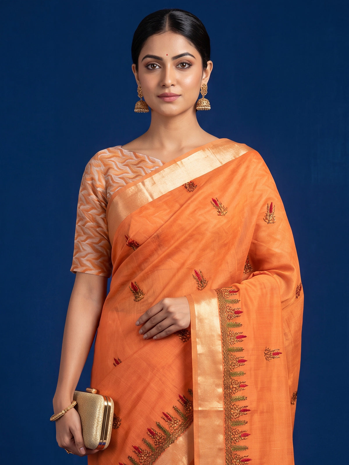 Orange Cotton Linen saree – detail view 4