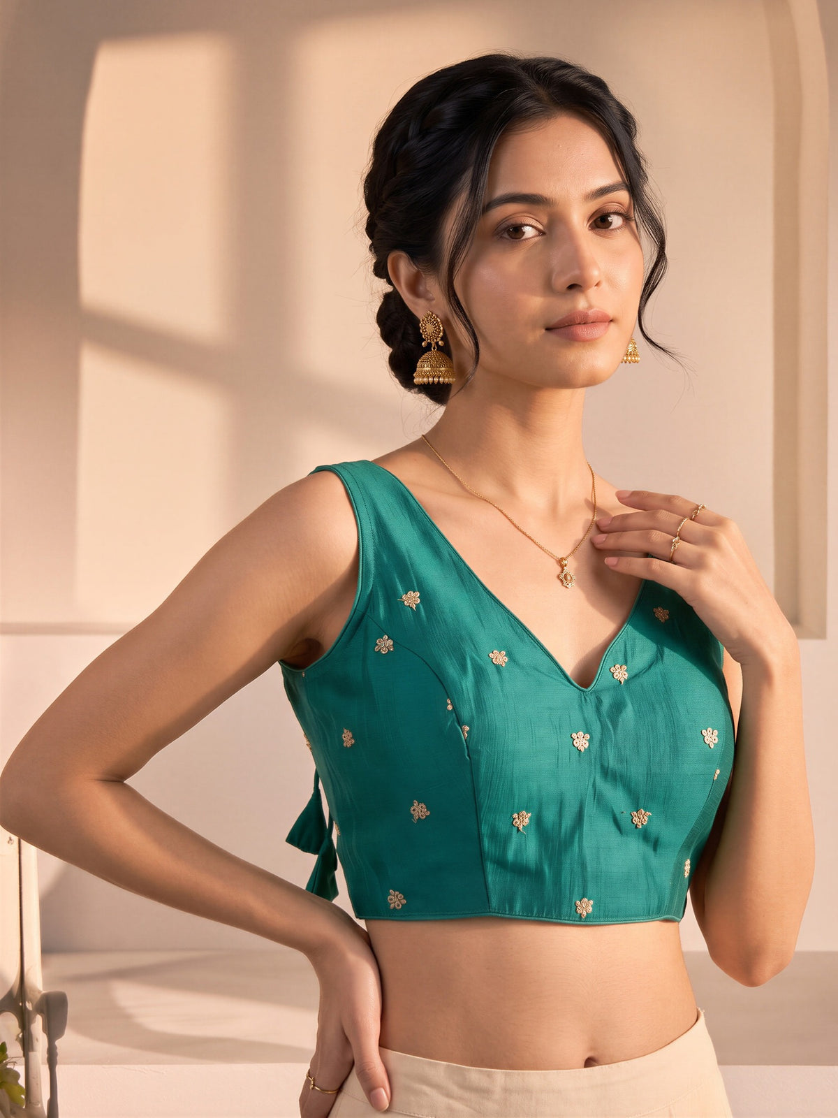 Teal Green sequin embellished vichitra silk sleeveless readymade saree blouse with v neck