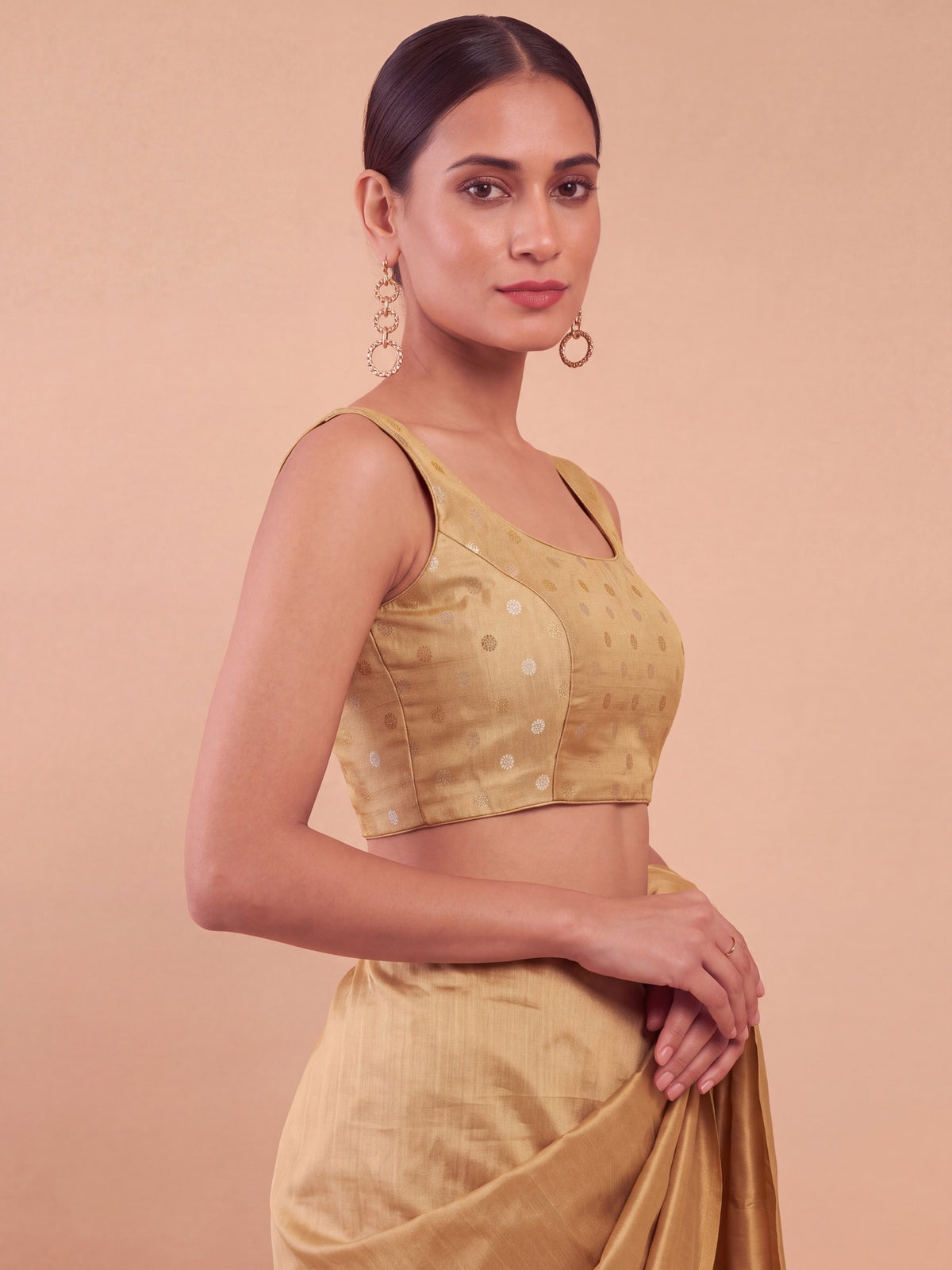 Beige zari woven georgette sleeveless readymade saree blouse with round neck view 3