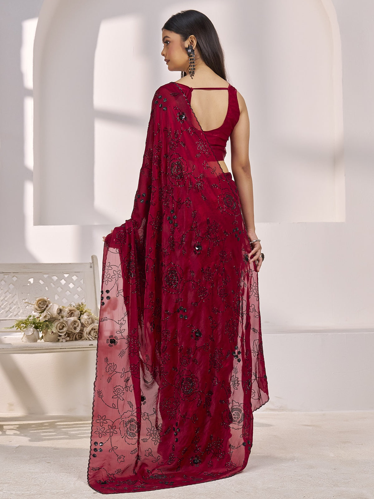 Maroon satin silk saree view 2