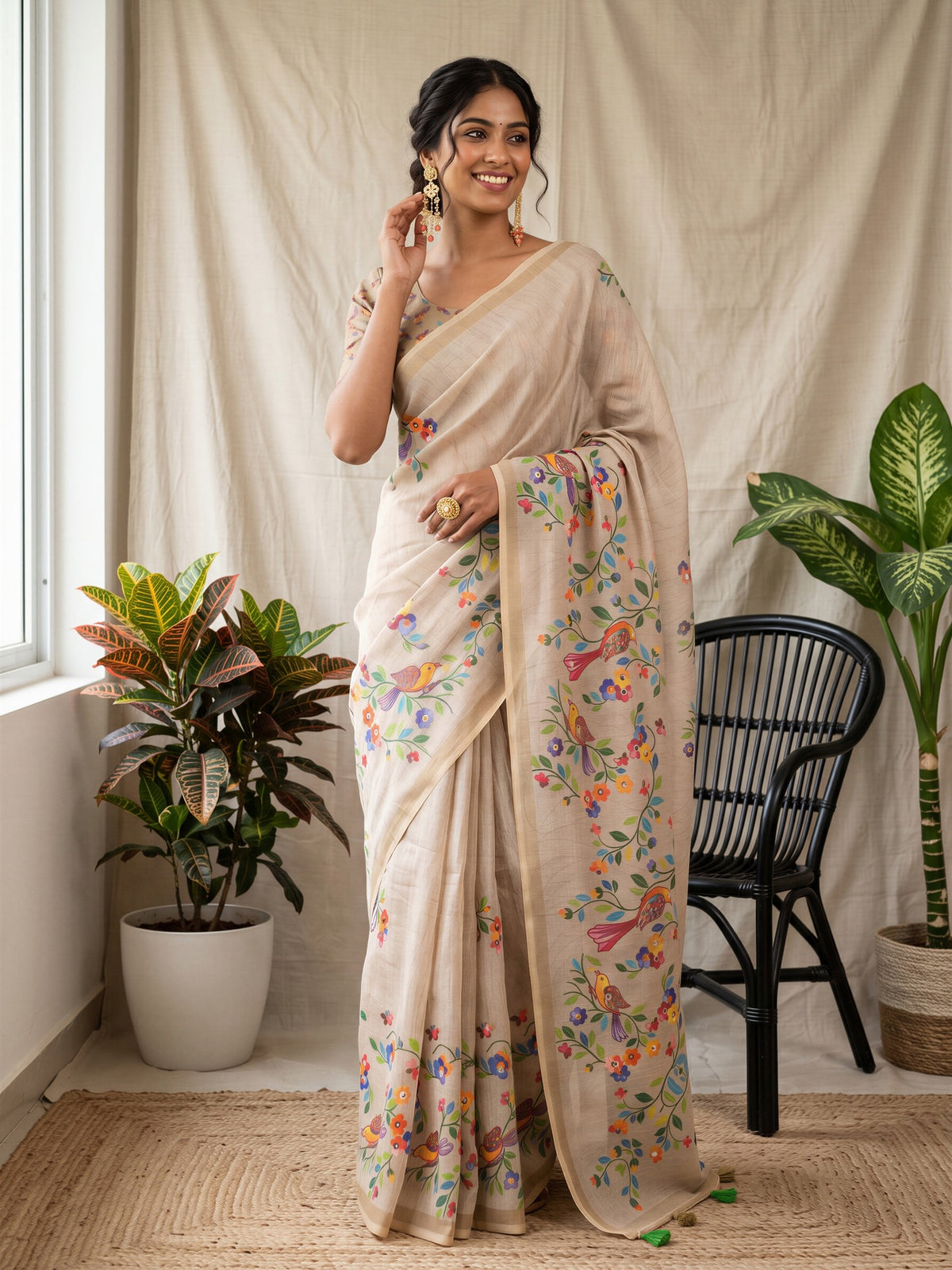 Woman wearing taupe linen blend saree with botanical floral and leaf design and taupe blouse
