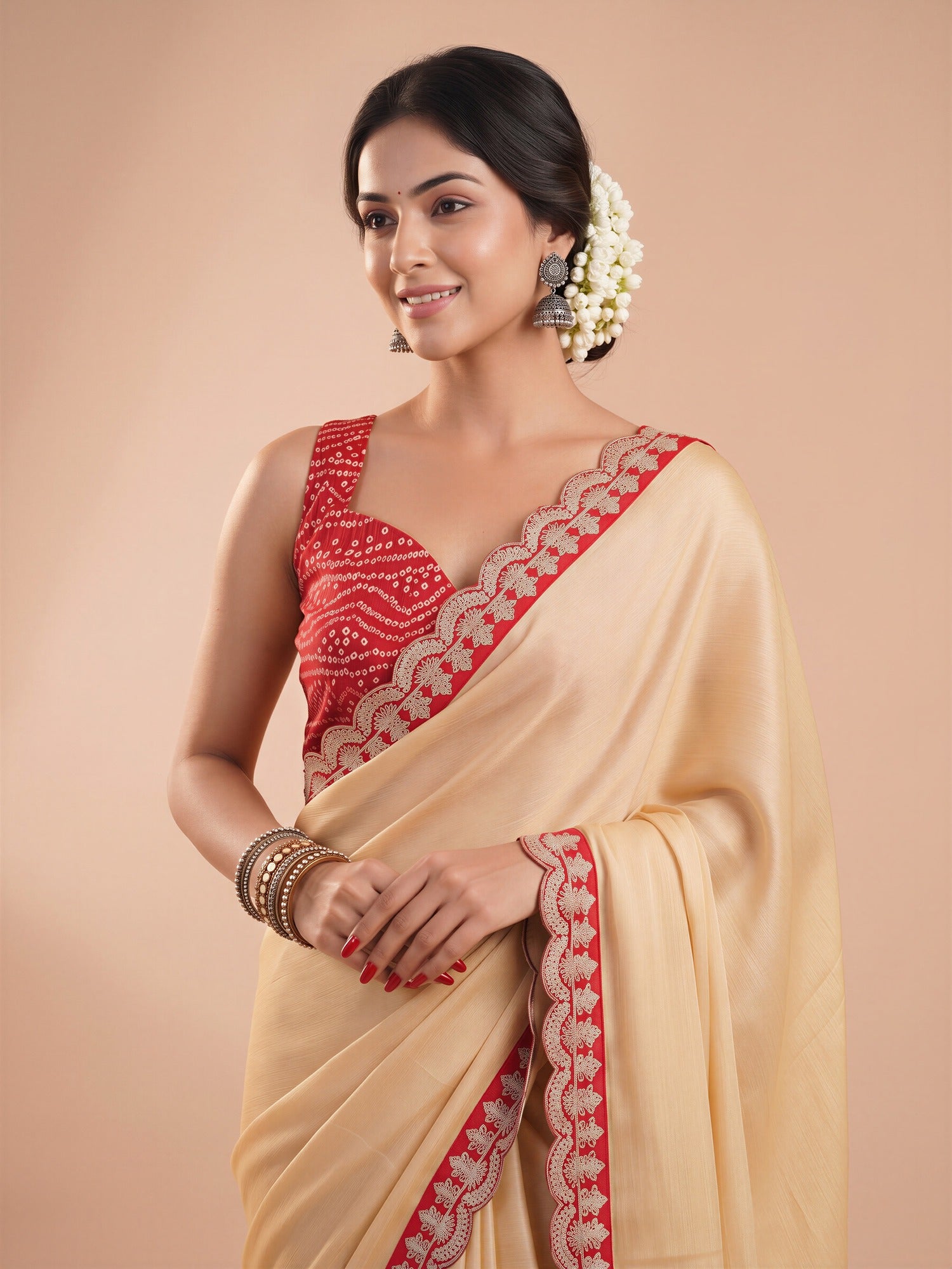Cream Satin saree – detail view 4