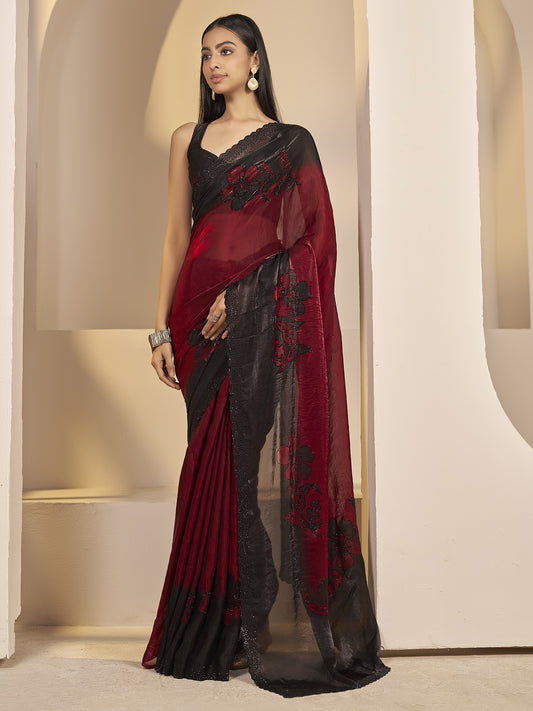 Maroon embellished satin silk saree with black blouse piece
