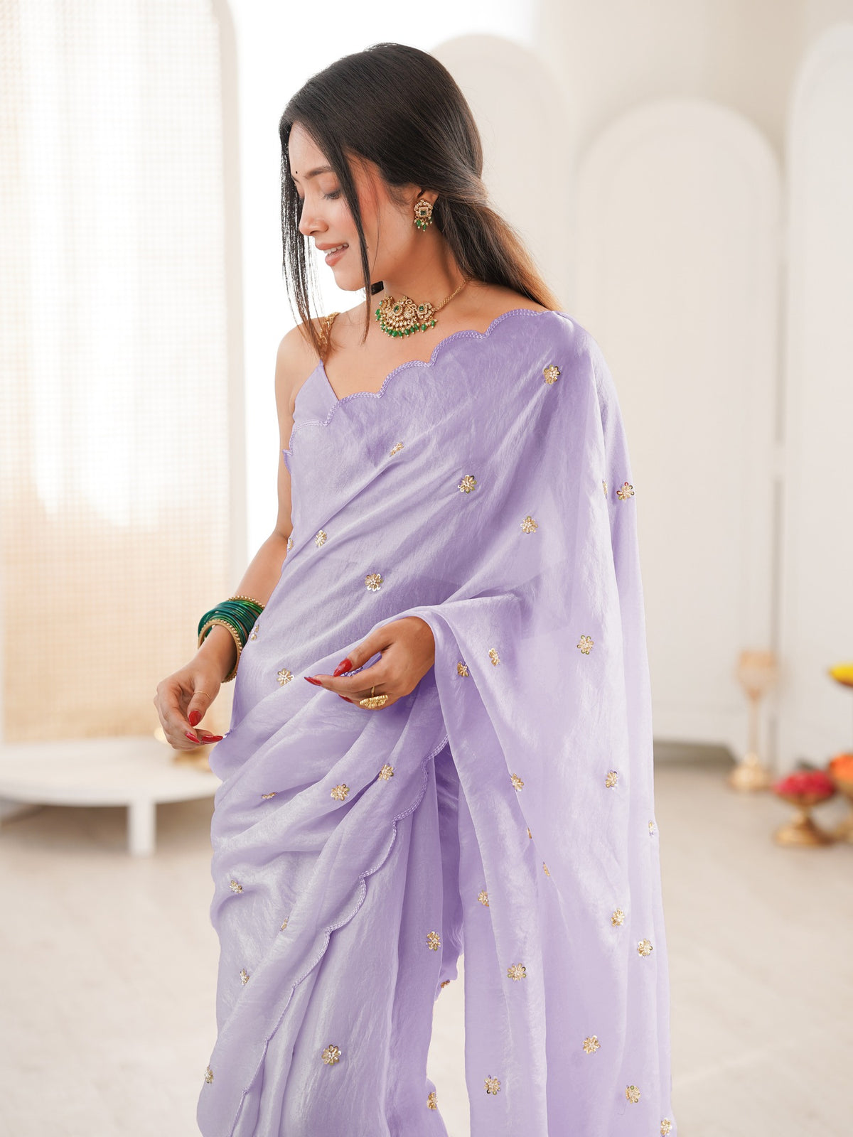 Lavender satin saree view 1