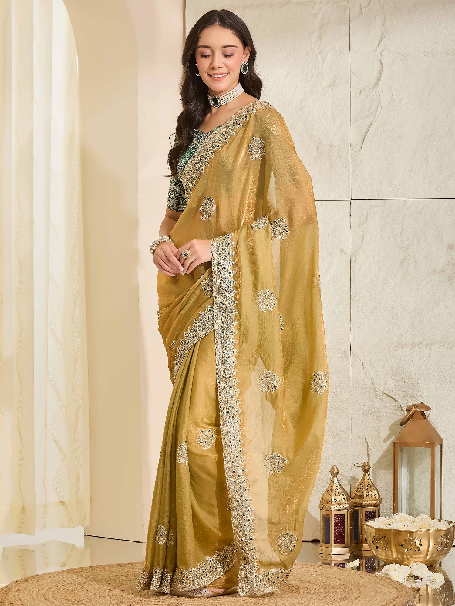Mustard Satin saree – detail view 2