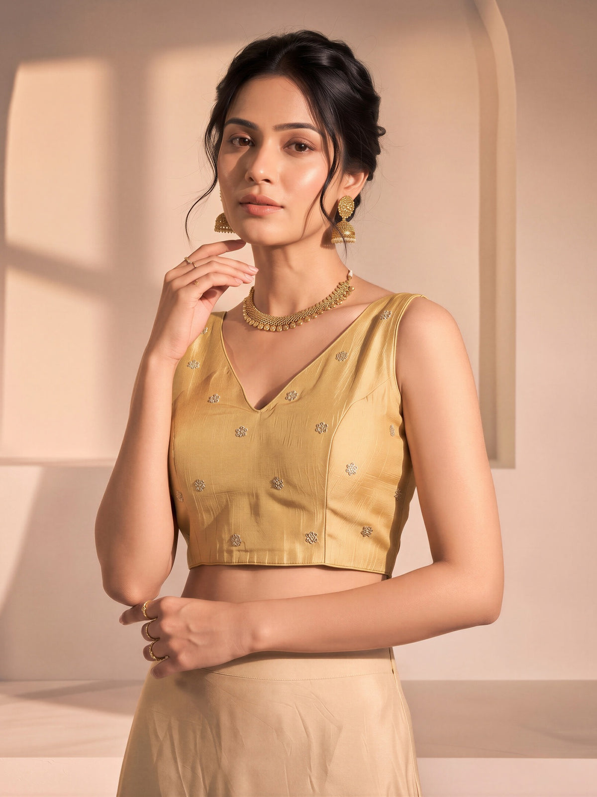 Gold sequin embellished vichitra silk sleeveless readymade saree blouse with v neck view 3