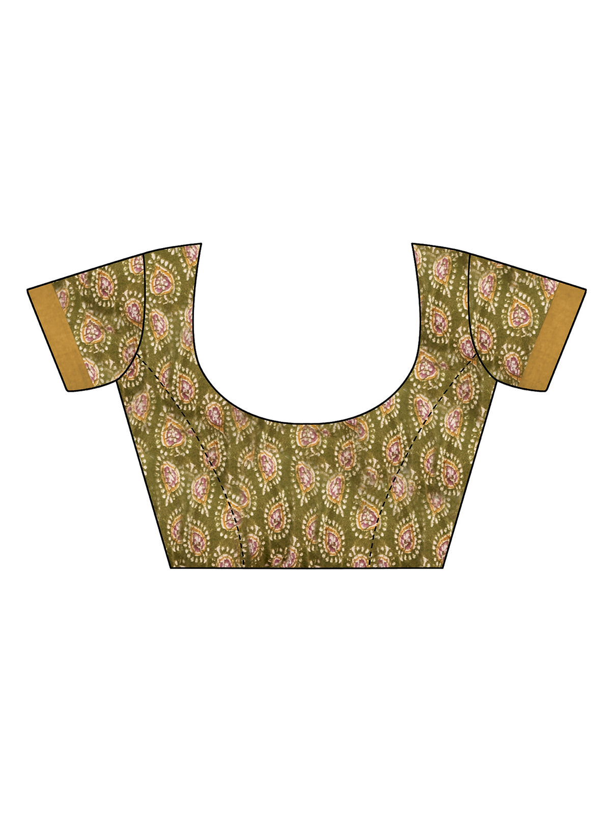 Unstitched olive cotton blend blouse piece with ajrak design