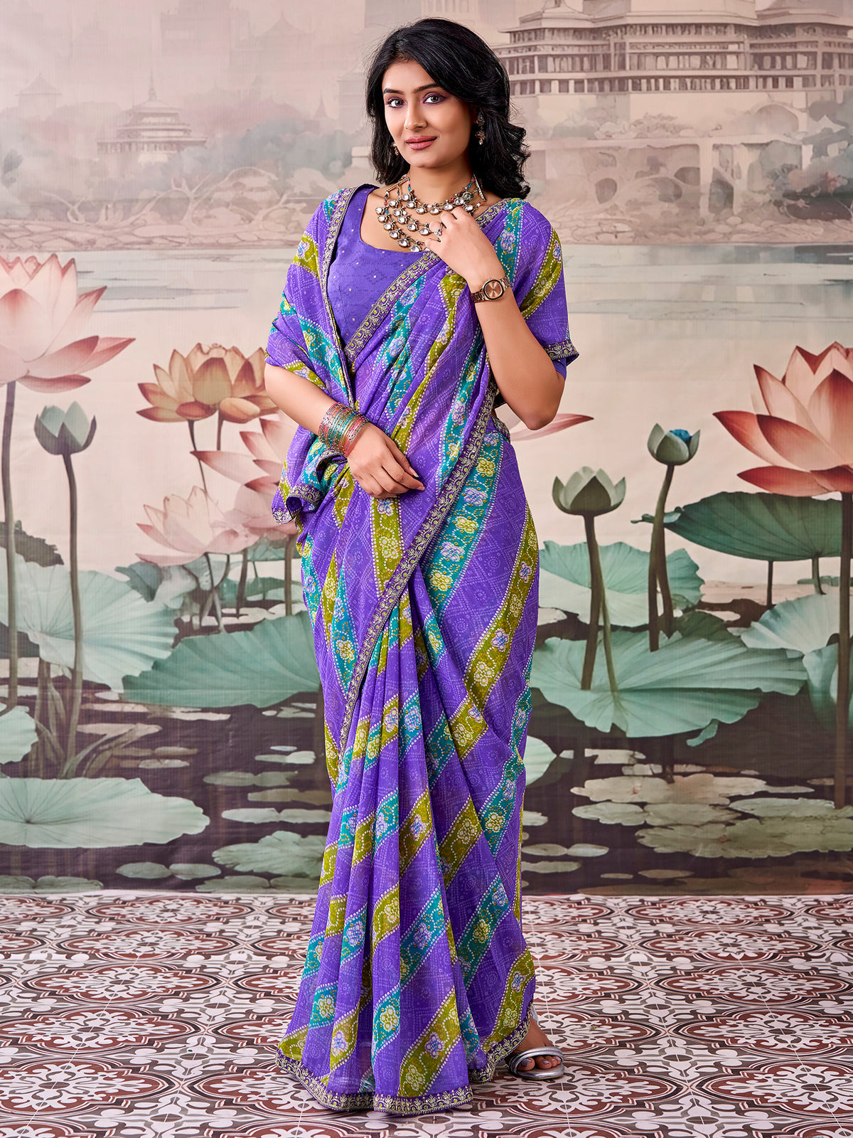 Violet Georgette saree – detail view 1