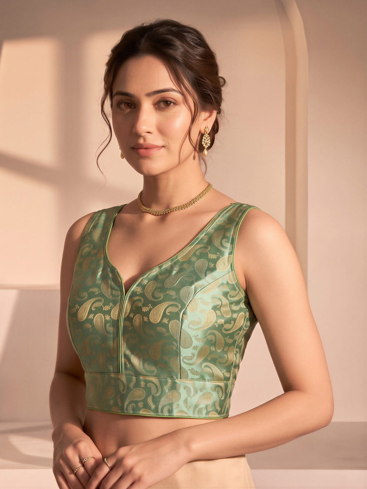 Mint Green woven brocade silk blend sleeveless readymade saree blouse with v neck view 3